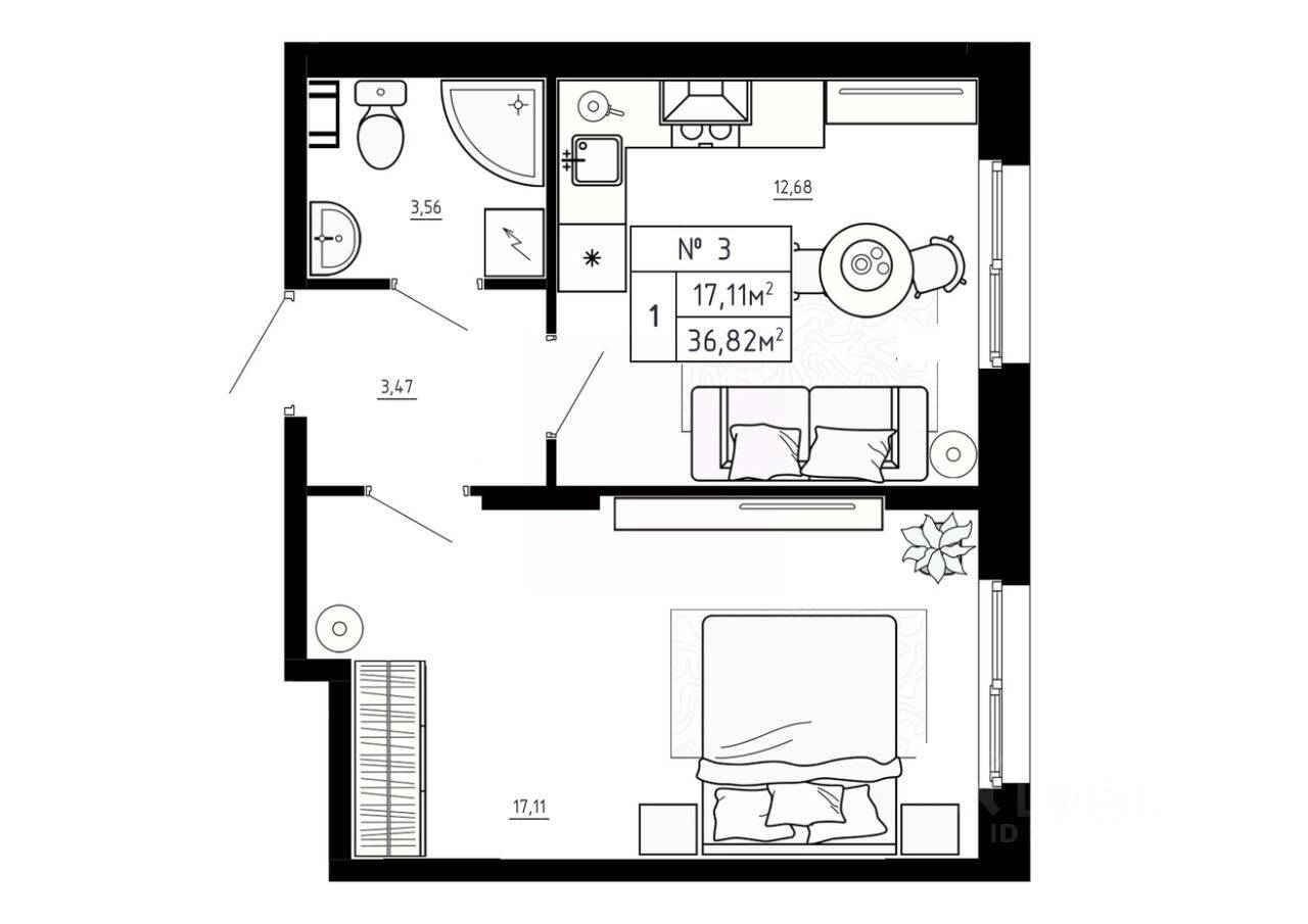 1-комн. квартира, 36,82 м², в Малоэтажный ЖК Аннино Сити