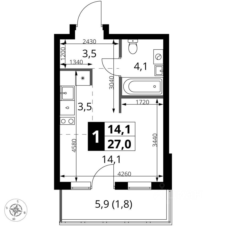 Квартира-студия, 27 м², в ЖК 1-й Ясеневский