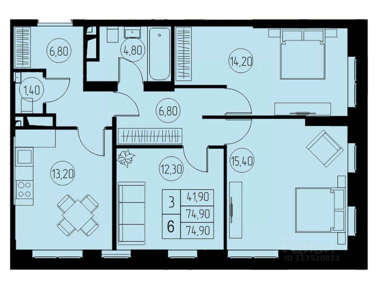 3-комн. квартира, 74,9 м², в ЖК «31 квартал»