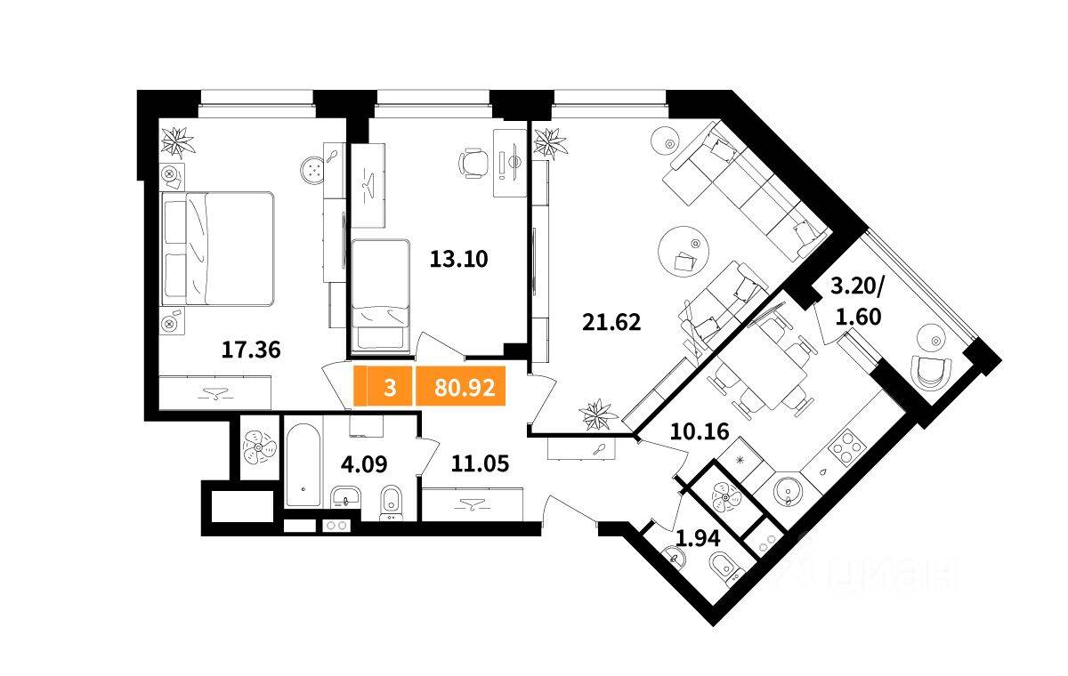 3-комн. квартира, 80,92 м², в ЖК Планерный квартал