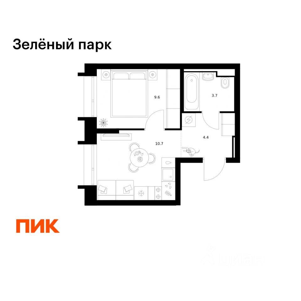 Планировка 1 комнатной квартиры, 28.4 м², в «Зеленый парк»