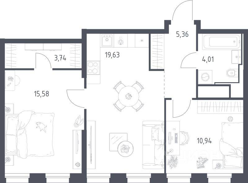 2-комн. квартира, 59,26 м², в ЖК Квартал на воде