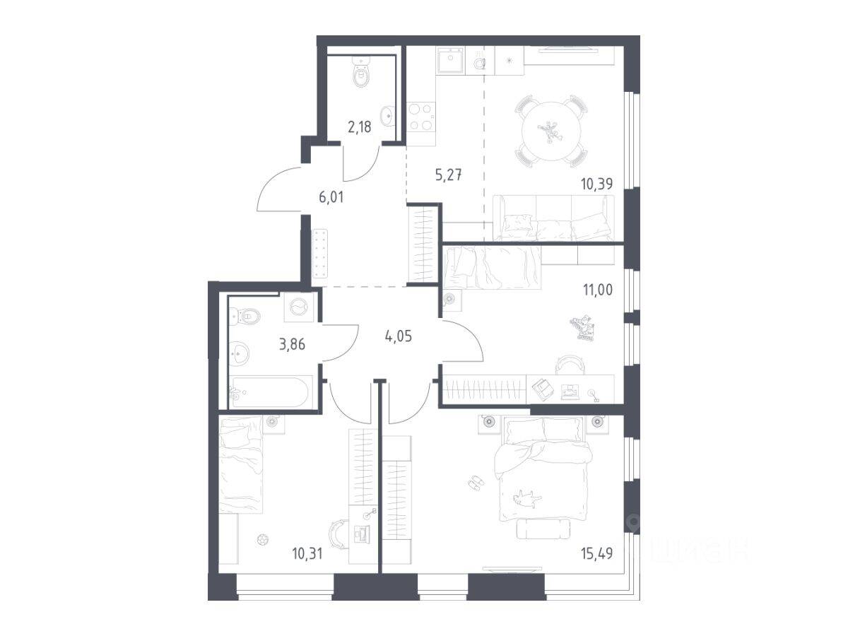 3-комн. квартира, 68,56 м², в ЖК «Пригород Лесное»