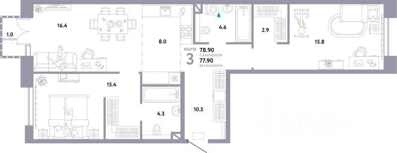 3-комн. квартира, 78,9 м², в ЖК Страна.Озерная