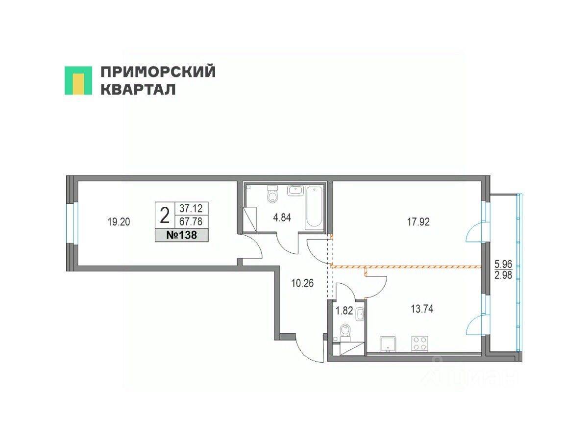 2-комн. квартира, 67,8 м², в ЖК Приморский квартал