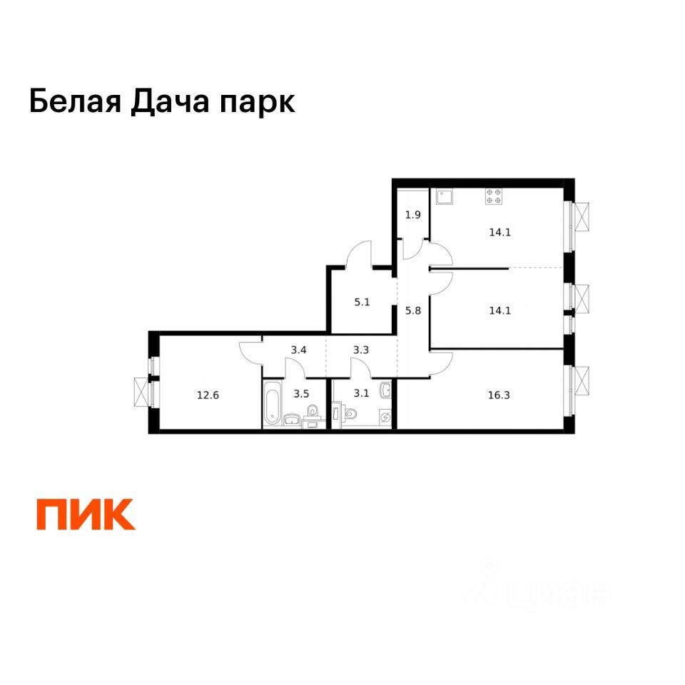 3-комн. квартира, 83,2 м², в ЖК «Белая Дача парк»