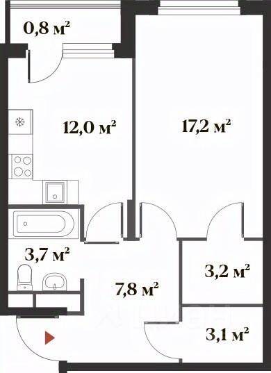 Планировка 1 комнатной квартиры, 45.2 м², в «Миниполис Восемь кленов»