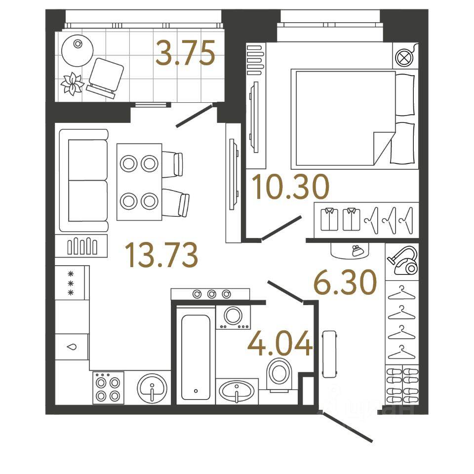 Планировка 1 комнатной квартиры, 34.37 м², в «Ультра Сити 3.0»