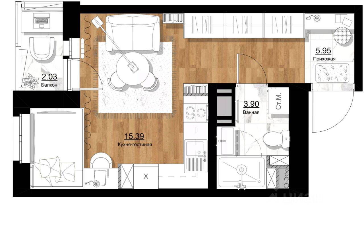 Квартира-студия, 26,26 м², в ЖК ID Murino III