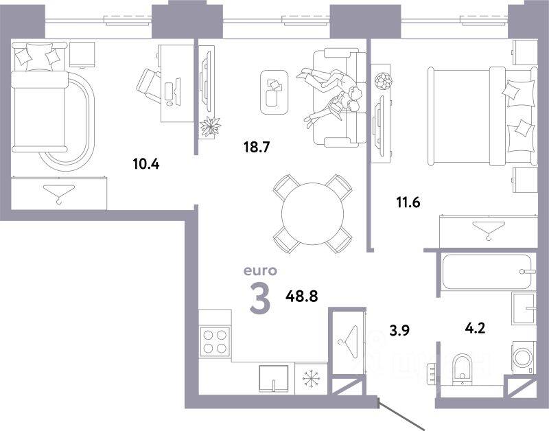 3-комн. квартира, 48,8 м², в ЖК Страна.Заречная