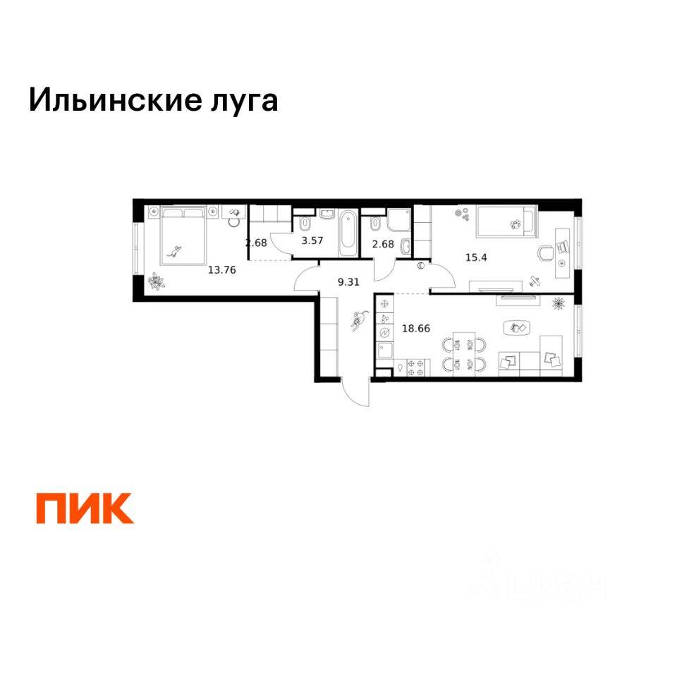 2-комн. квартира, 66,06 м², в ЖК «Ильинские луга»