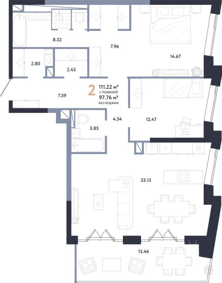 2-комн. квартира, 111,22 м², в ЖК Republic