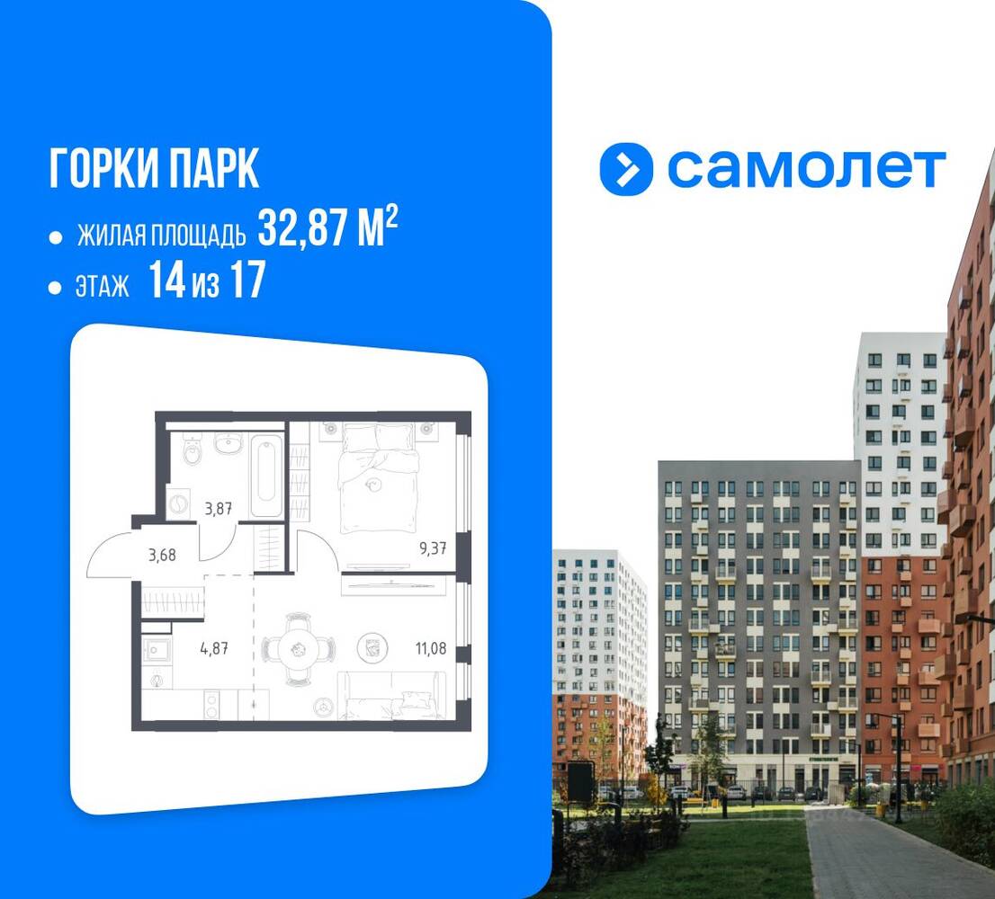 Планировка 1 комнатной квартиры, 32.87 м², в «Горки Парк»