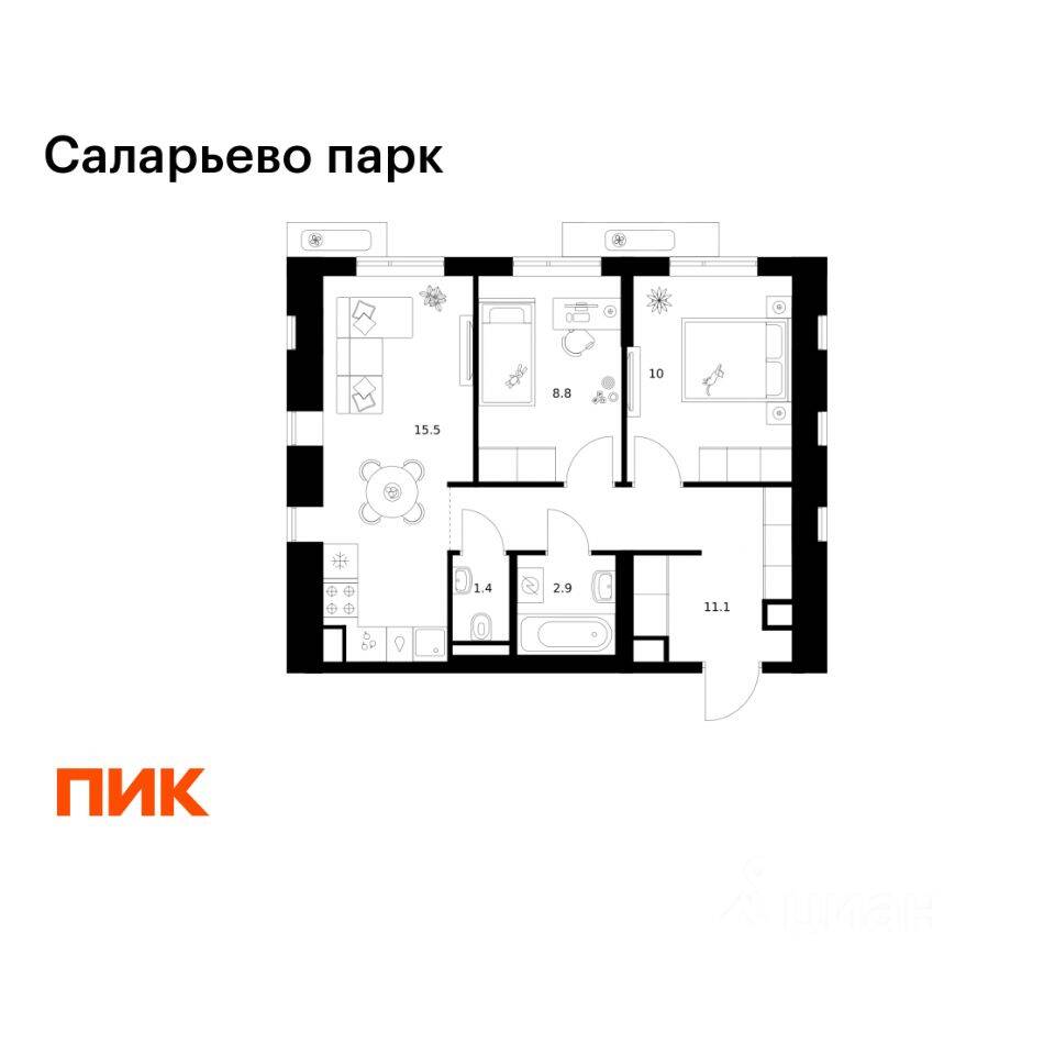 2-комн. квартира, 49,7 м², в ЖК «Саларьево парк»