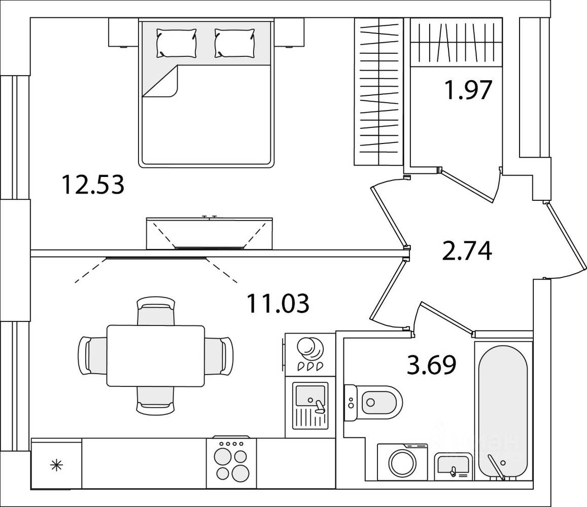 1-комн. квартира, 31,96 м², в ЖК Кинопарк