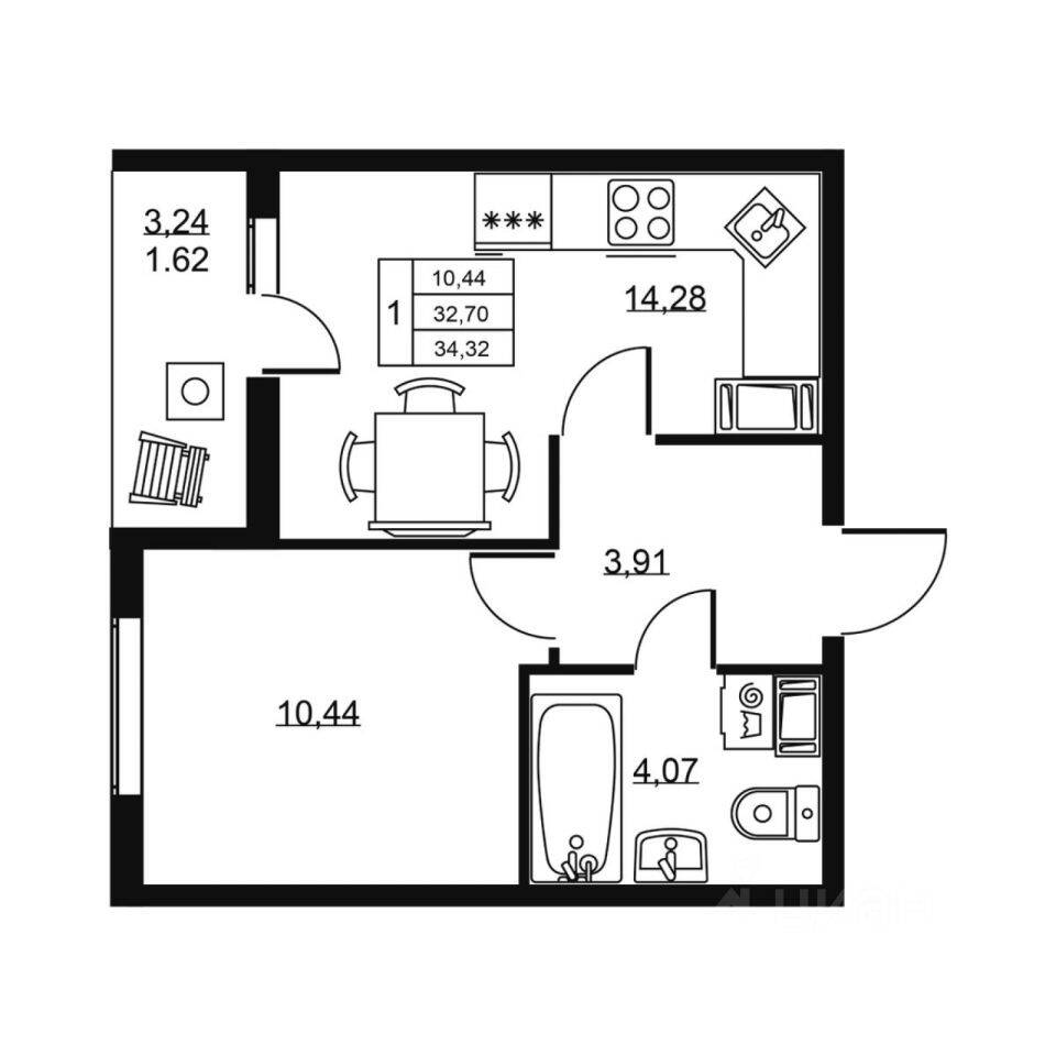 1-комн. квартира, 34,32 м², в ЖК «Высота» (Бугры)