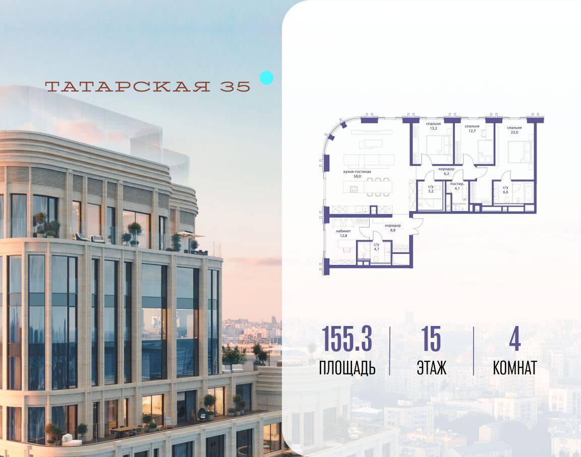 4-комн. квартира, 155,3 м², в ЖК Татарская 35