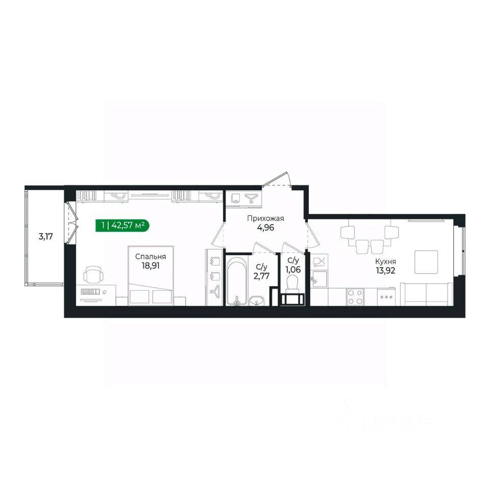 1-комн. квартира, 41,6 м², в ЖК Sertolovo Park