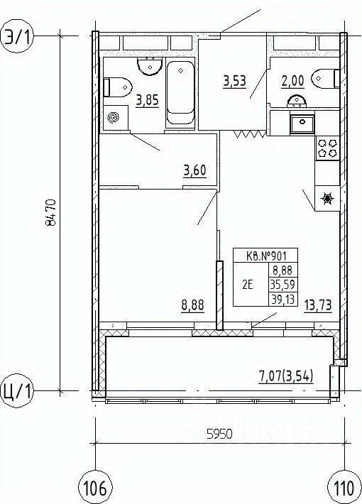 1-комн. квартира, 39,13 м², в ЖК UP-квартал «Воронцовский»