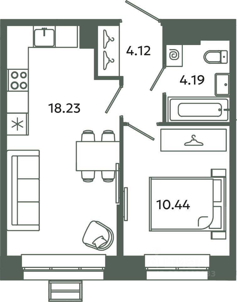 1-комн. квартира, 36,98 м², в ЖК Загляденье