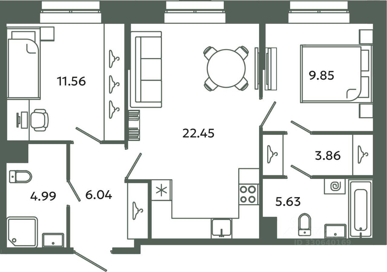 2-комн. квартира, 64,38 м², в ЖК Загляденье