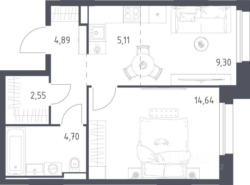 1-комн. квартира, 41,19 м², в ЖК Заречье Парк