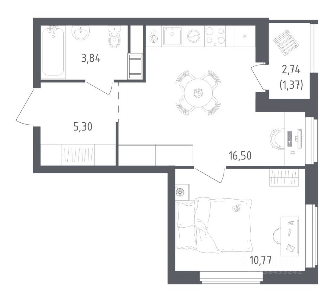 1-комн. квартира, 37,78 м², в ЖК Южная Нева