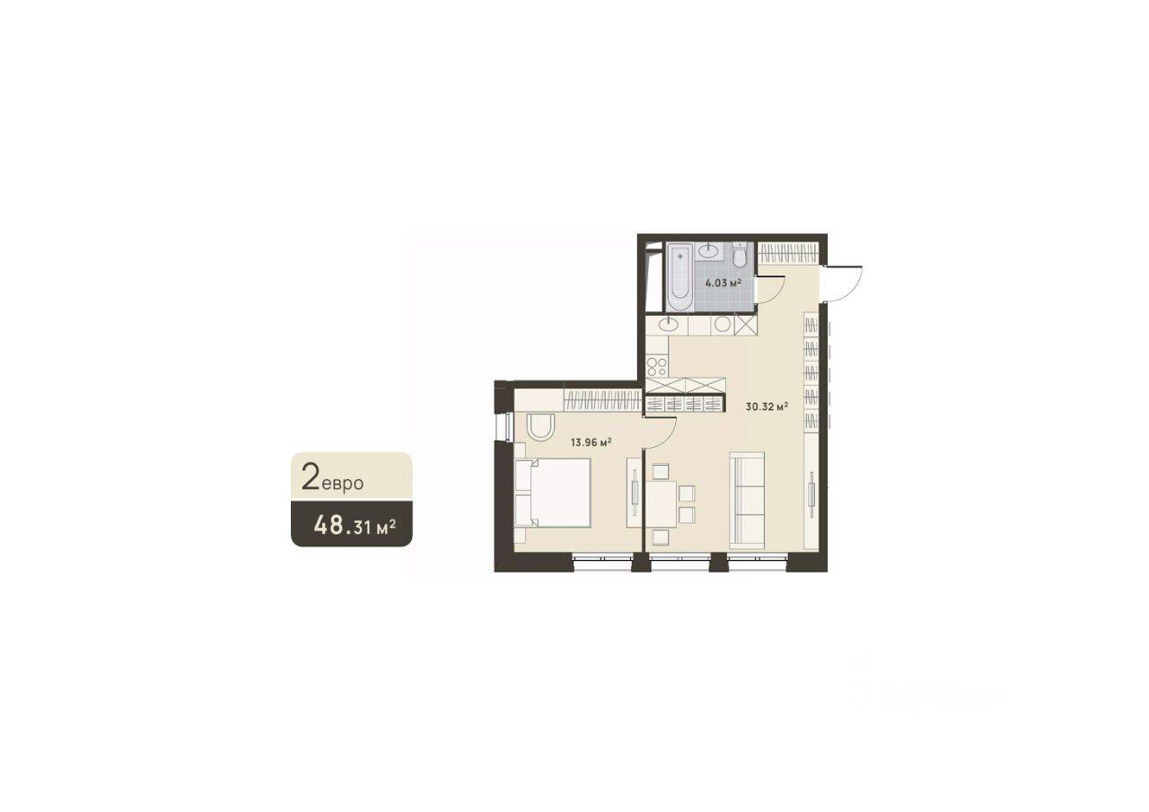 1-комн. квартира, 48,31 м², в ЖК «Дюна»
