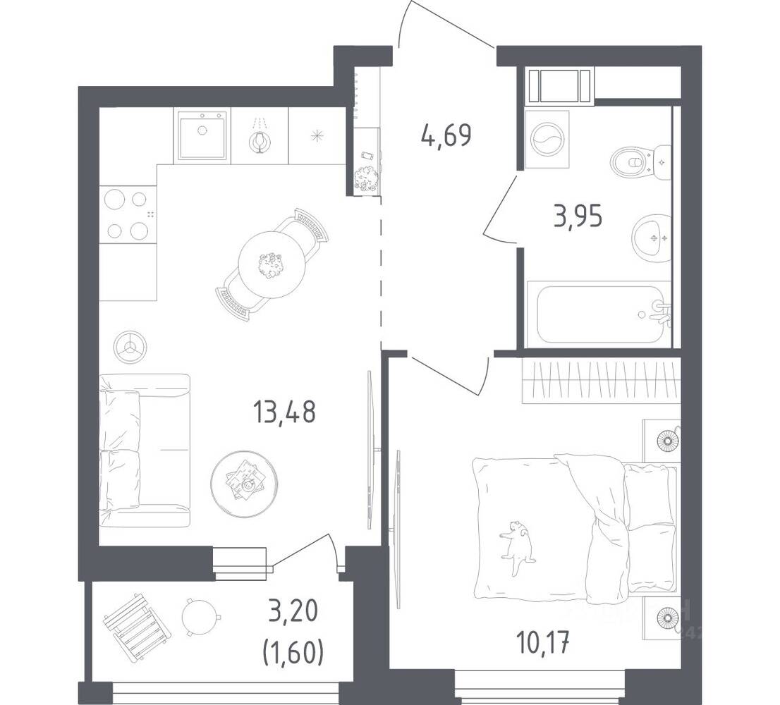 1-комн. квартира, 33,89 м², в ЖК Южная Нева