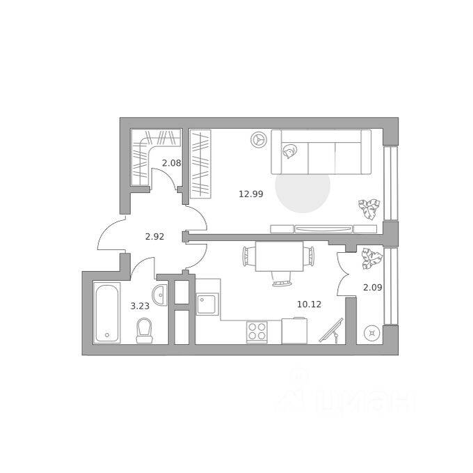 1-комн. квартира, 33,43 м², в ЖК Пехра