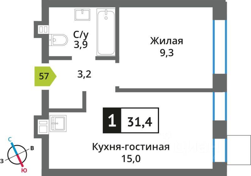 Квартира-студия, 31,4 м², в ЖК Никольский квартал Отрада