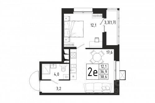 Планировка 1 комнатной квартиры, 38.6 м², в «Берег»