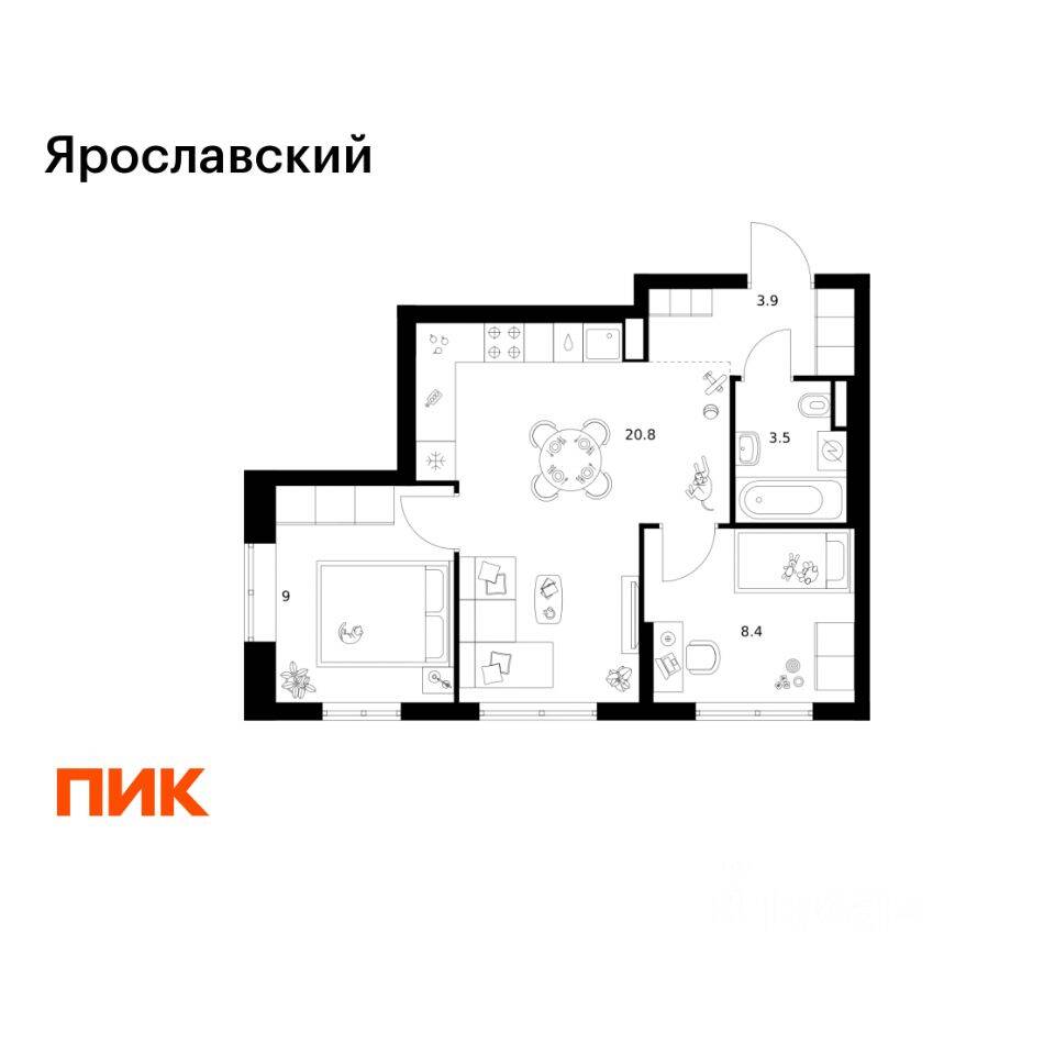 2-комн. квартира, 45,6 м², в ЖК «Ярославский»