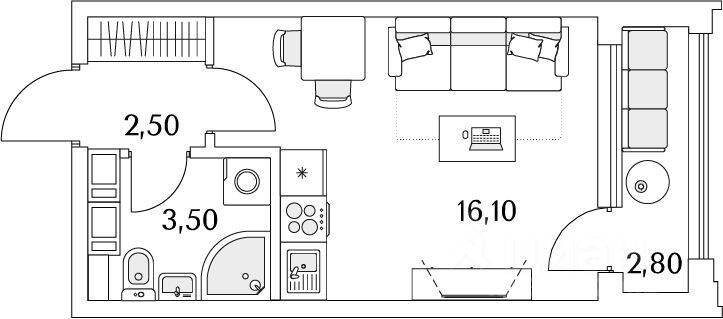 Квартира-студия, 23,4 м², в ЖК Тайм Сквер