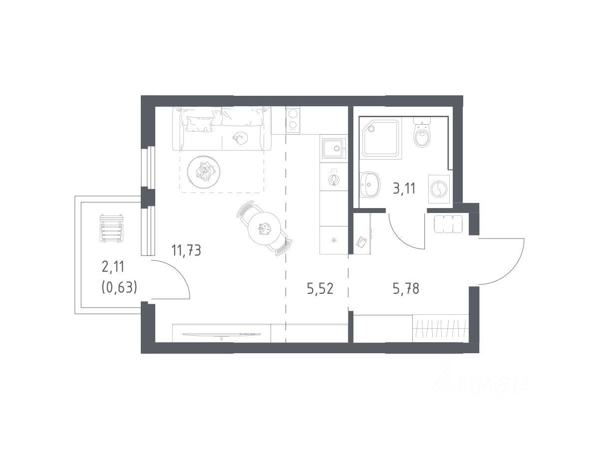 Планировка 1 комнатной квартиры, 26.77 м², в «Пригород Лесное»