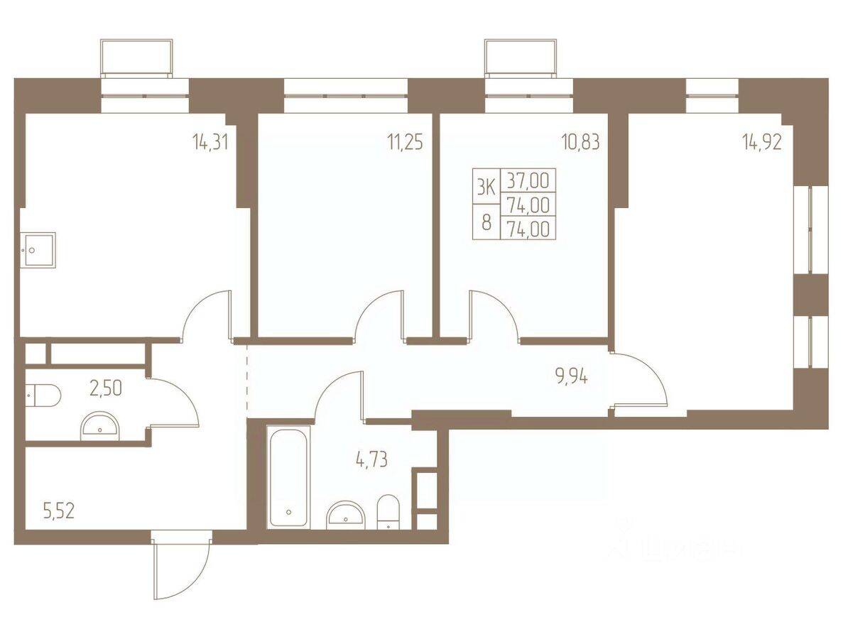 3-комн. квартира, 74 м², в ЖК Фабрикант