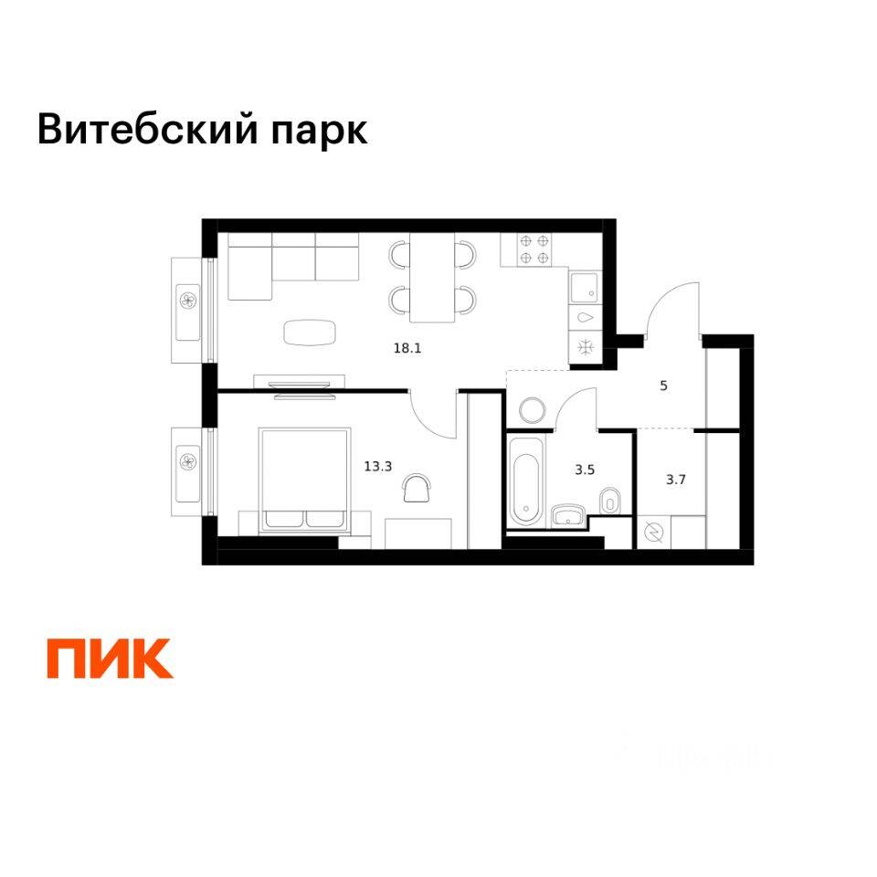 1-комн. квартира, 43,6 м², в ЖК Витебский парк