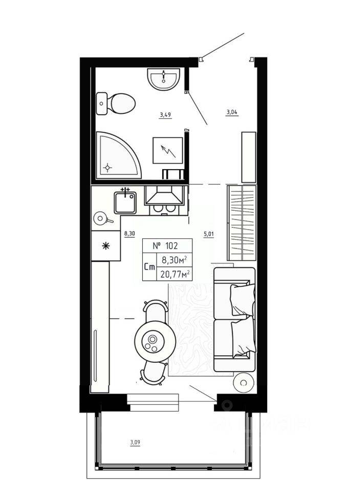 Планировка 1 комнатной квартиры, 20.77 м², в «Аннино Сити»