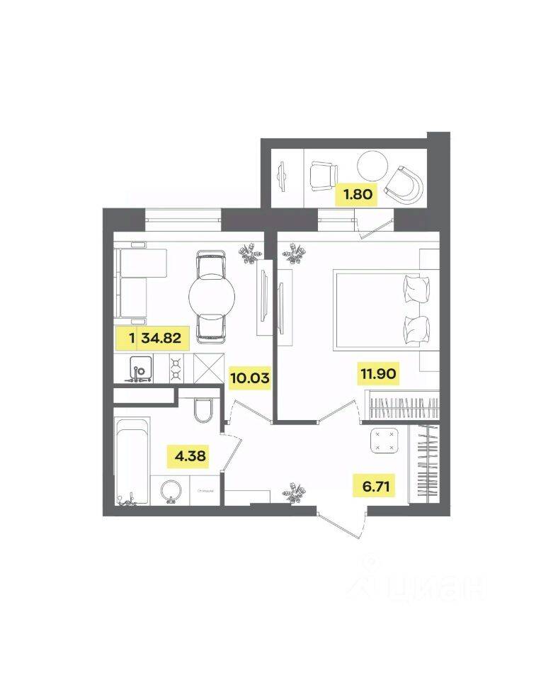 2-комн. квартира, 34,82 м², в ЖК Радость