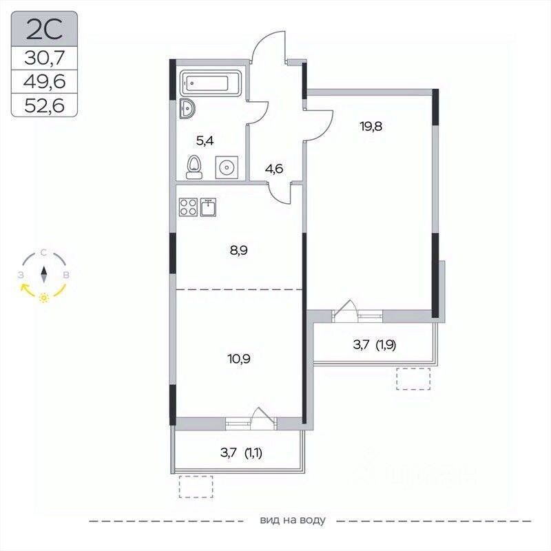 2-комн. квартира, 52,6 м², в ЖК «Пироговская Ривьера»