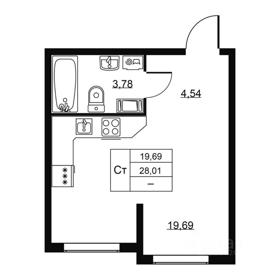 Квартира-студия, 28,01 м², в ЖК Перспектива