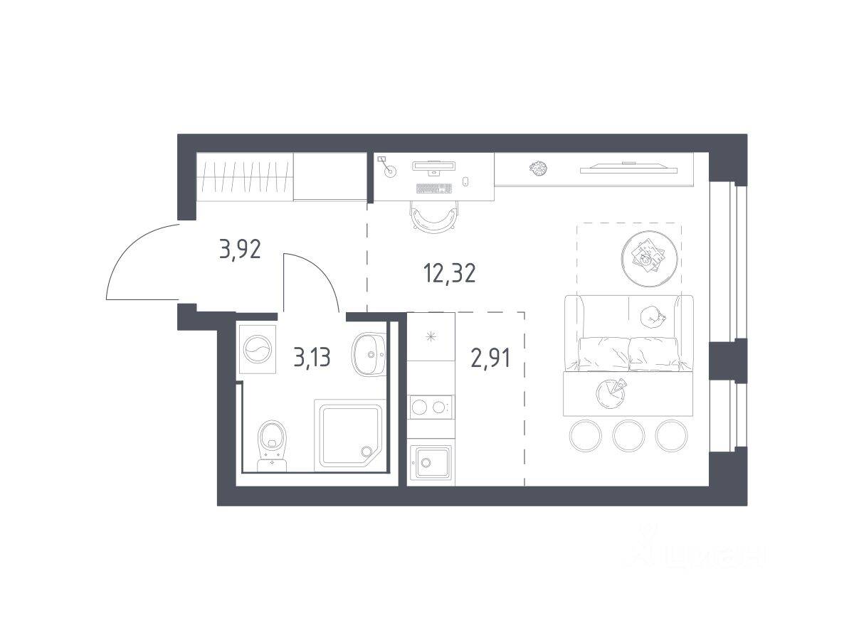 Планировка 1 комнатной квартиры, 22.1 м², в «Пригород Лесное»