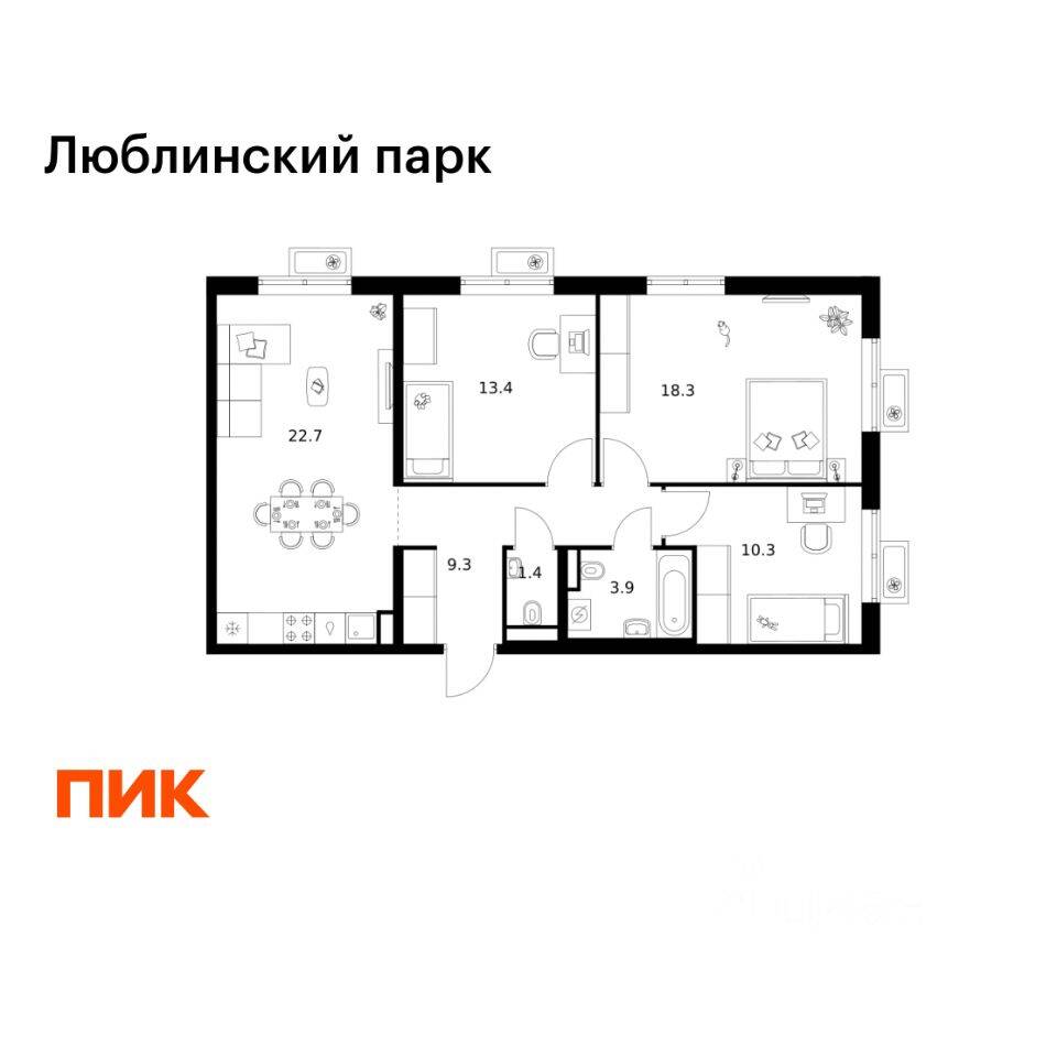 3-комн. квартира, 79,3 м², в ЖК «Люблинский парк»