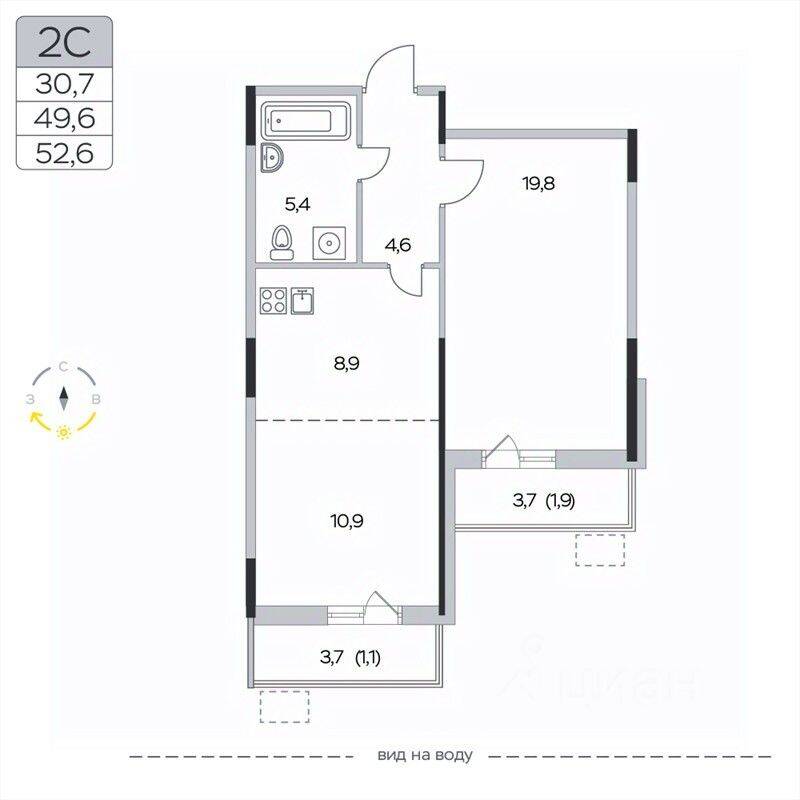 2-комн. квартира, 52,6 м², в ЖК «Пироговская Ривьера»