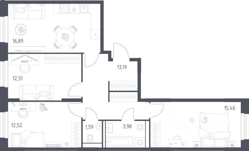3-комн. квартира, 76,14 м², в ЖК Квартал Строгино