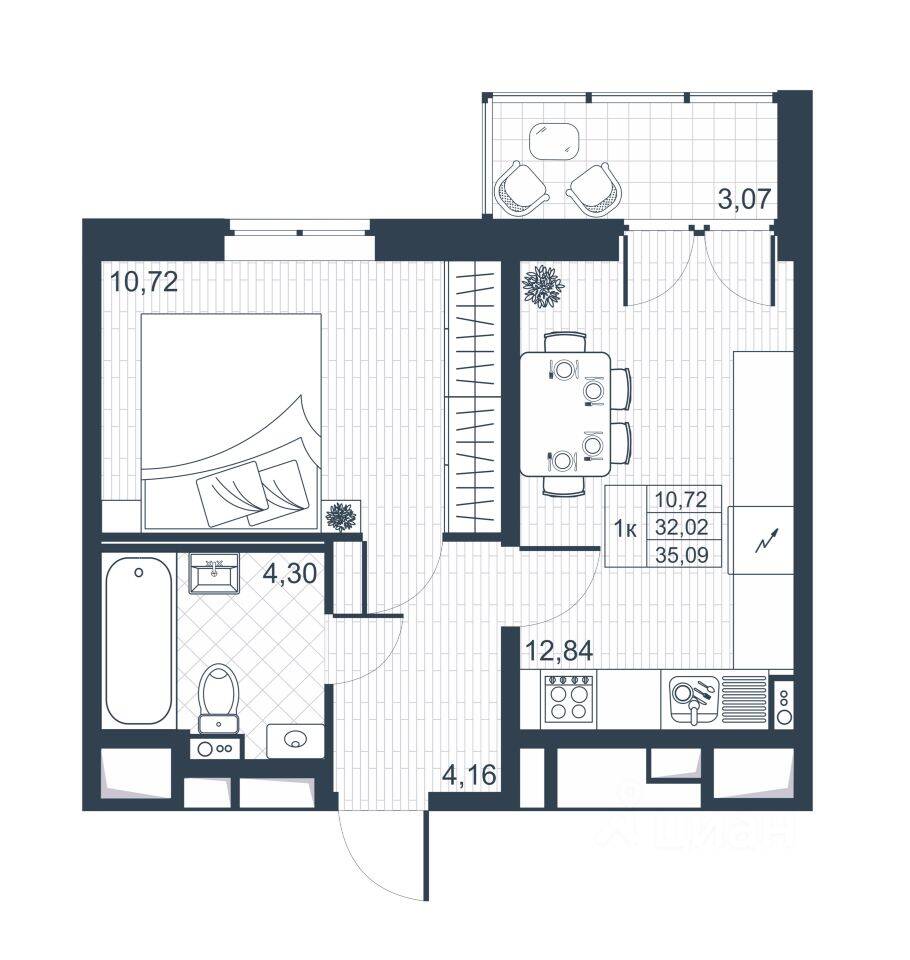 1-комн. квартира, 31,8 м², в ЖК «Ново-Антропшино»