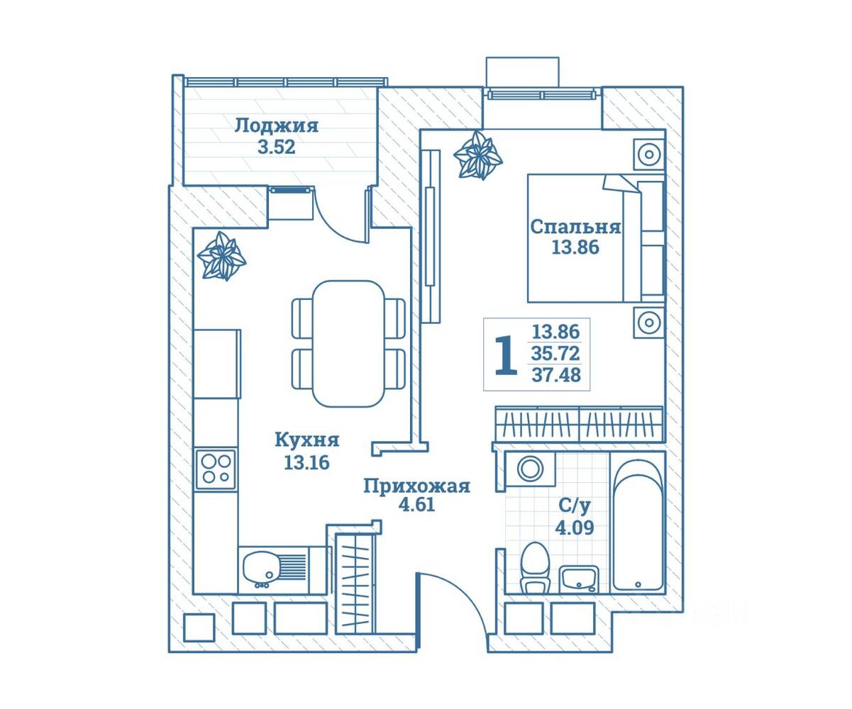1-комн. квартира, 37,48 м², в ЖК Новоград Монино