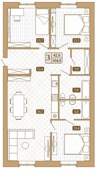 Планировка 3 комнатной квартиры, 104 м², в «Белый город (Сергиев Посад)»