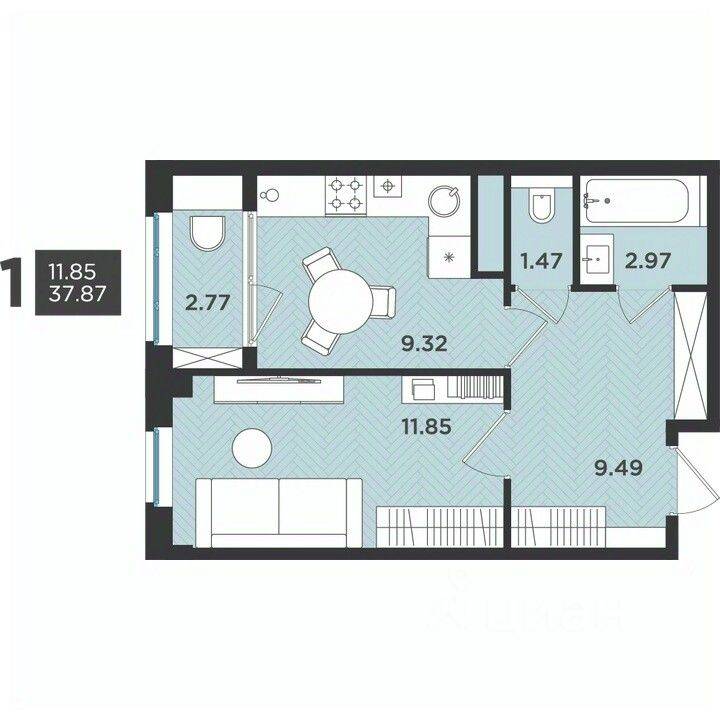 Планировка 1 комнатной квартиры, 37.87 м², в «Новокасимово»