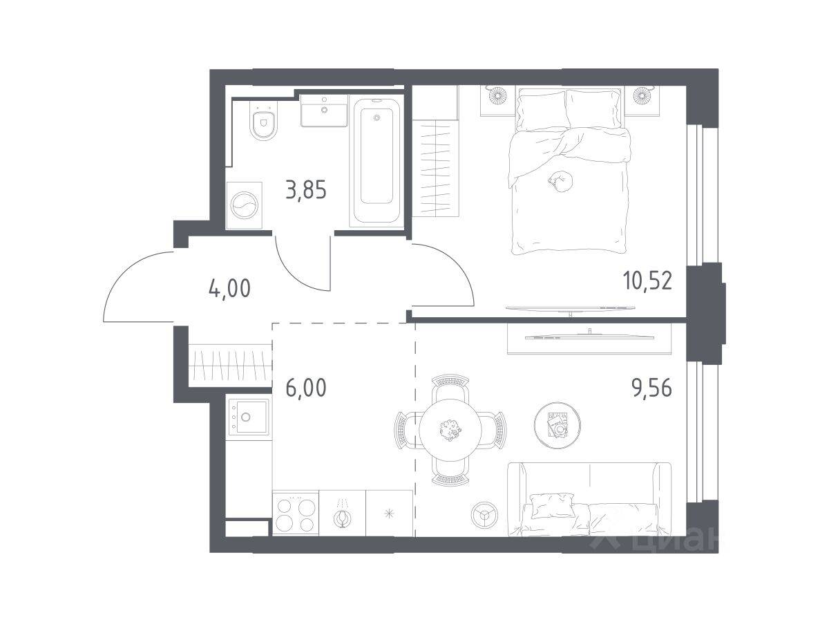 Планировка 1 комнатной квартиры, 33.93 м², в «Квартал Строгино»